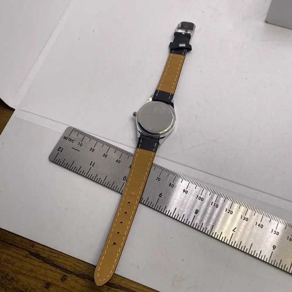 Cary Womens Silver Tone Black Leather Watch Works New Battery